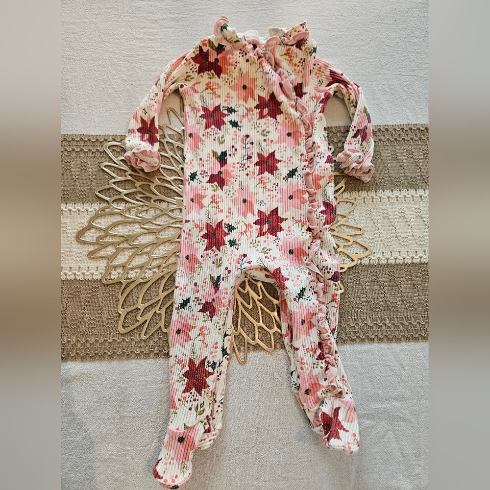 Mud Pie Pink & Red Poinsettas  Kids One Piece Footie